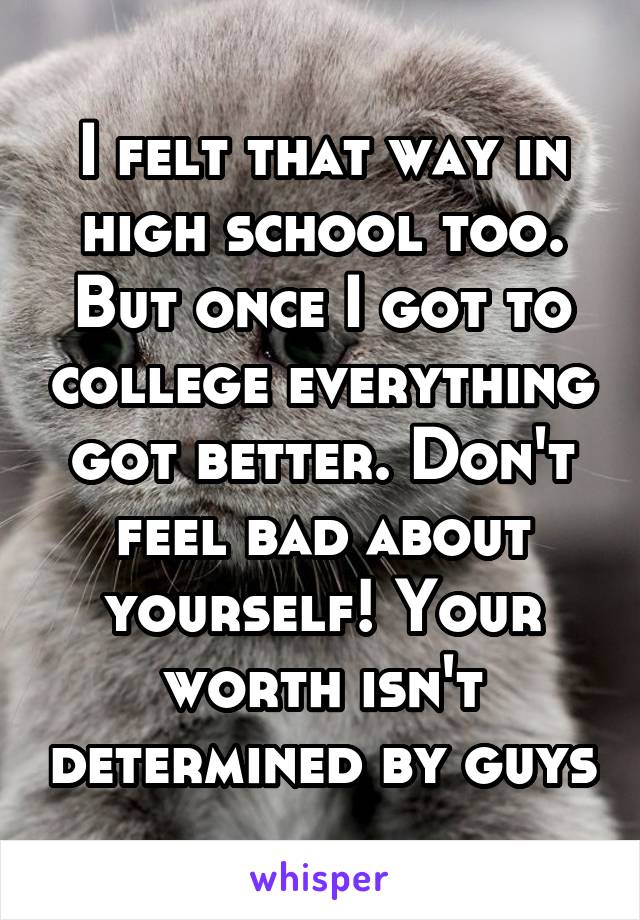 I felt that way in high school too. But once I got to college everything got better. Don't feel bad about yourself! Your worth isn't determined by guys