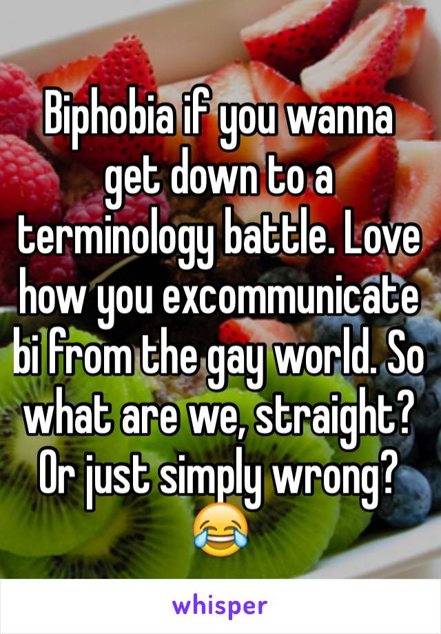 Biphobia if you wanna get down to a terminology battle. Love how you excommunicate bi from the gay world. So what are we, straight? Or just simply wrong? 😂