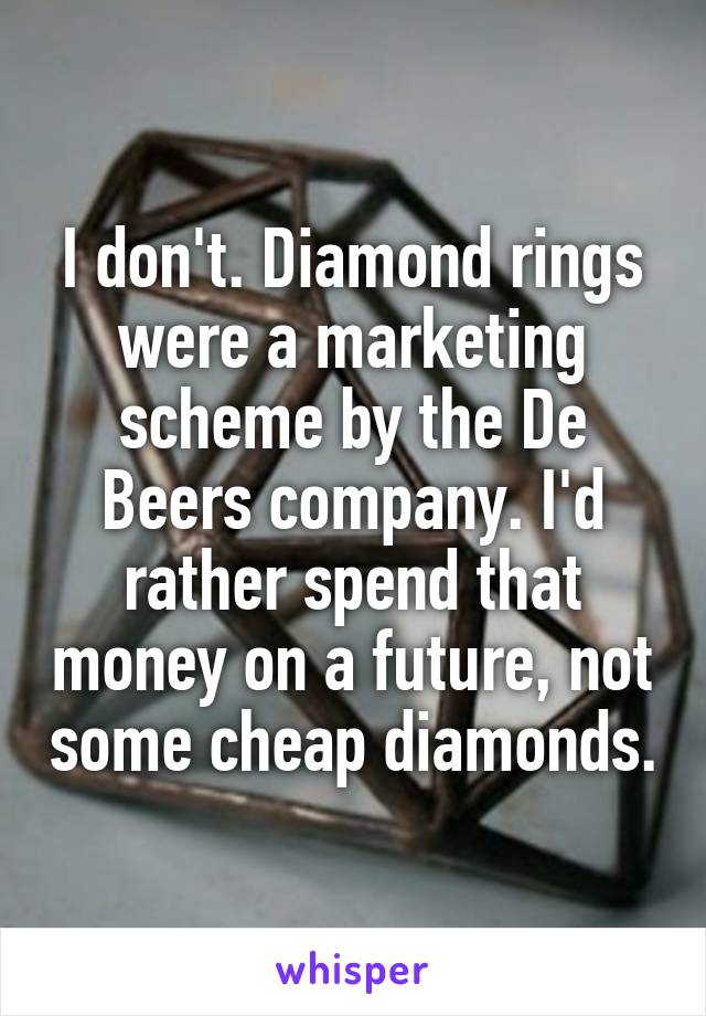 I don't. Diamond rings were a marketing scheme by the De Beers company. I'd rather spend that money on a future, not some cheap diamonds.