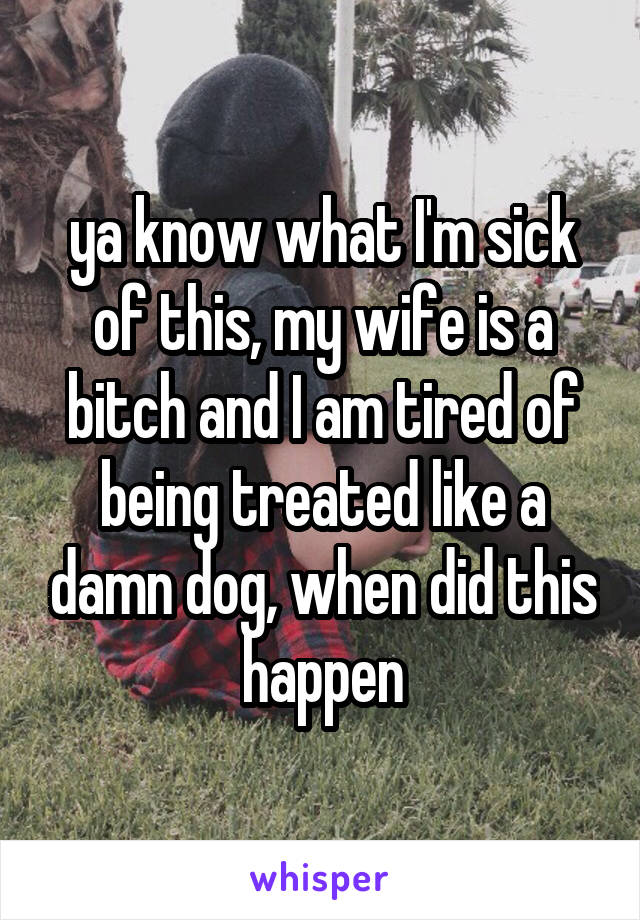 ya know what I'm sick of this, my wife is a bitch and I am tired of being treated like a damn dog, when did this happen