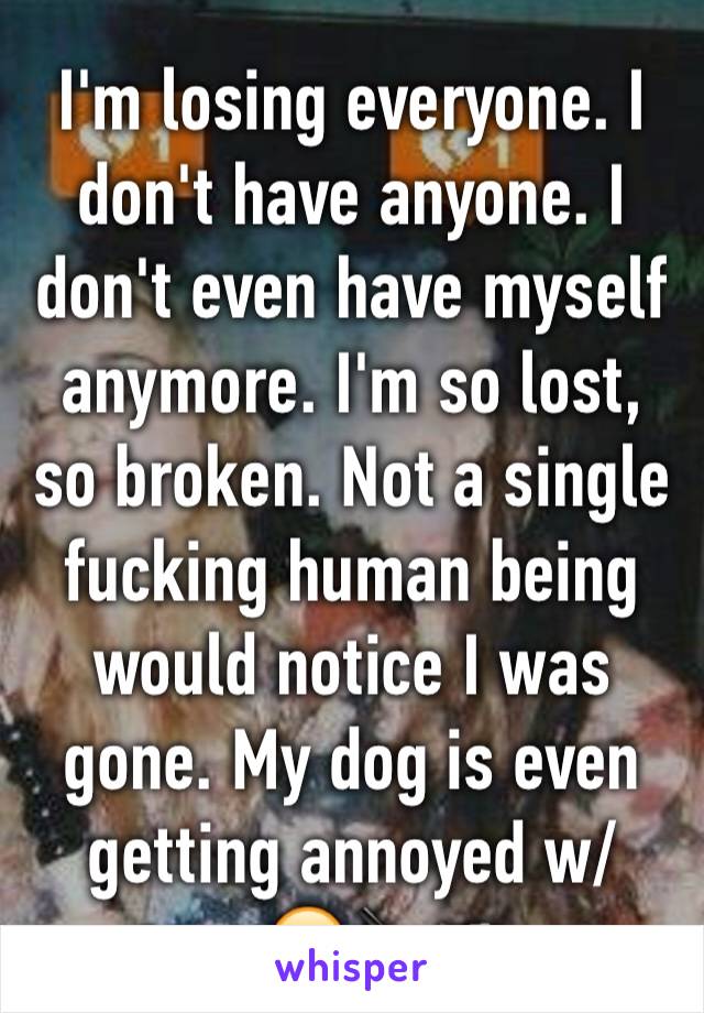 I'm losing everyone. I don't have anyone. I don't even have myself anymore. I'm so lost, so broken. Not a single fucking human being would notice I was gone. My dog is even getting annoyed w/me😞🔪🔫