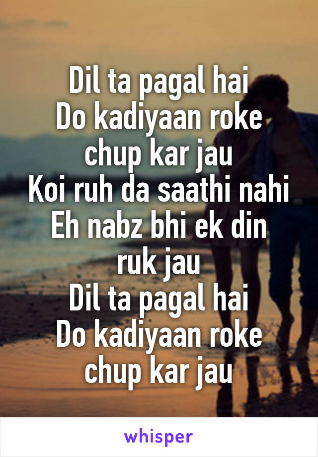 Dil ta pagal hai
Do kadiyaan roke chup kar jau
Koi ruh da saathi nahi
Eh nabz bhi ek din ruk jau
Dil ta pagal hai
Do kadiyaan roke chup kar jau