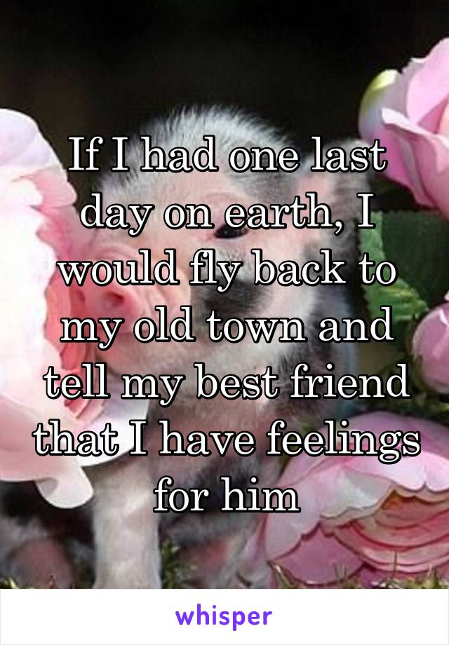 If I had one last day on earth, I would fly back to my old town and tell my best friend that I have feelings for him