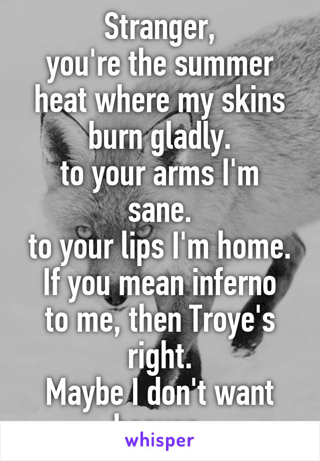 Stranger,
you're the summer heat where my skins burn gladly.
to your arms I'm sane.
to your lips I'm home.
If you mean inferno to me, then Troye's right.
Maybe I don't want heaven.