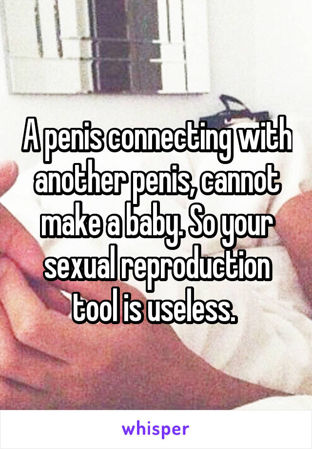 A penis connecting with another penis, cannot make a baby. So your sexual reproduction tool is useless. 