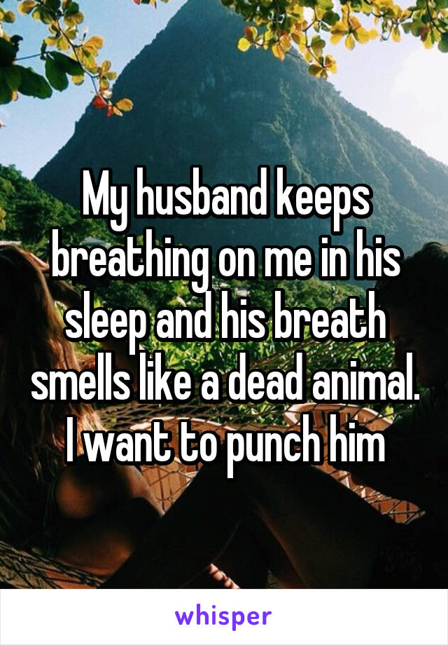 My husband keeps breathing on me in his sleep and his breath smells like a dead animal. I want to punch him