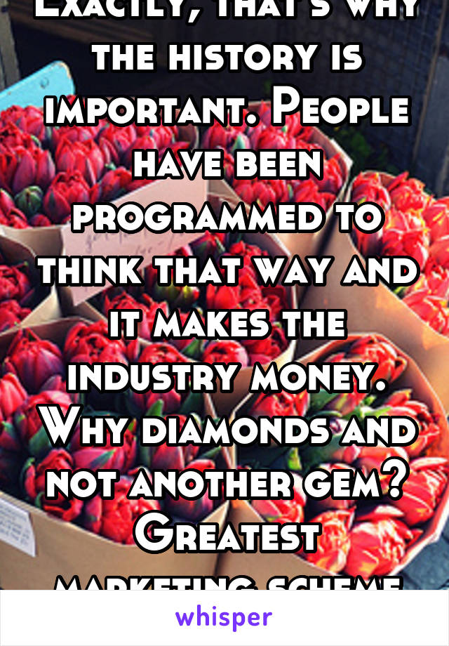 Exactly, that's why the history is important. People have been programmed to think that way and it makes the industry money. Why diamonds and not another gem? Greatest marketing scheme of all time.