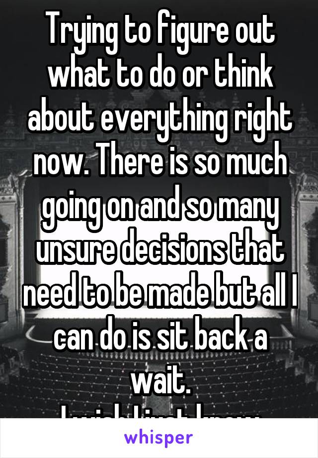 Trying to figure out what to do or think about everything right now. There is so much going on and so many unsure decisions that need to be made but all I can do is sit back a wait.
I wish I just knew