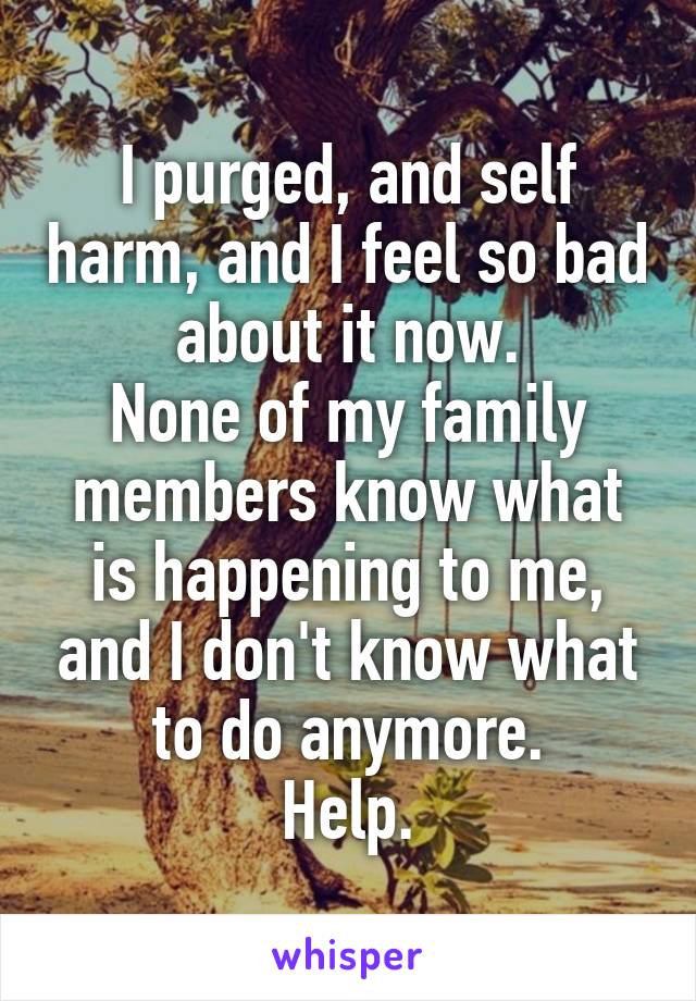 I purged, and self harm, and I feel so bad about it now.
None of my family members know what is happening to me, and I don't know what to do anymore.
Help.