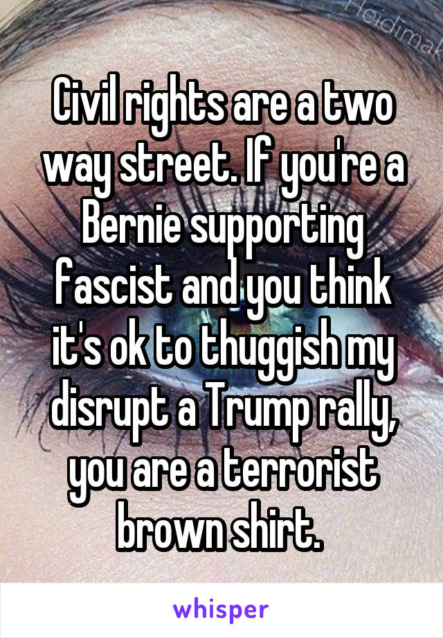 Civil rights are a two way street. If you're a Bernie supporting fascist and you think it's ok to thuggish my disrupt a Trump rally, you are a terrorist brown shirt. 