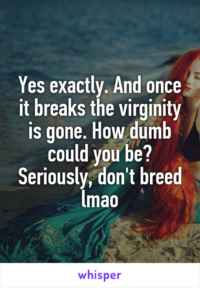 Yes exactly. And once it breaks the virginity is gone. How dumb could you be? Seriously, don't breed lmao