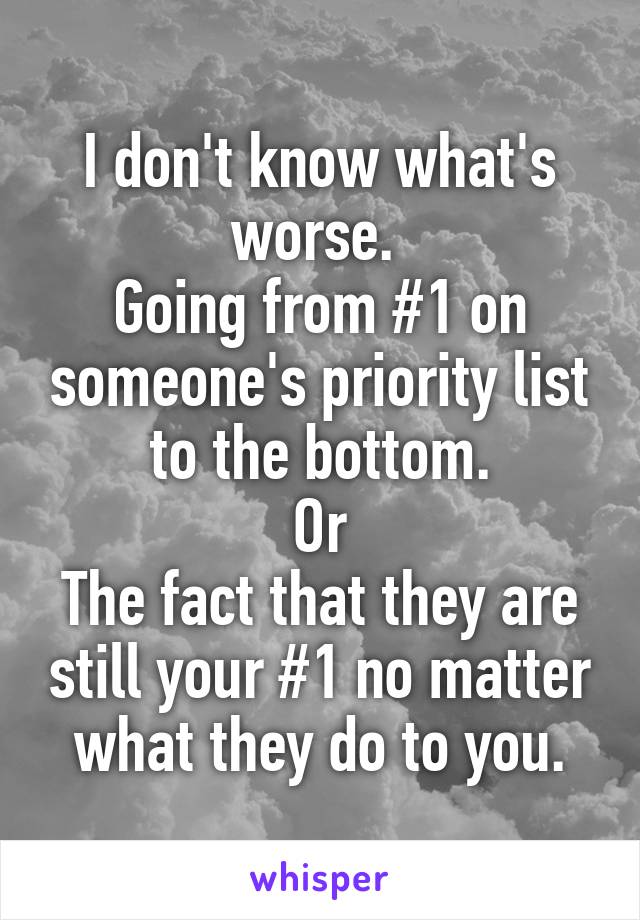 I don't know what's worse. 
Going from #1 on someone's priority list to the bottom.
Or
The fact that they are still your #1 no matter what they do to you.