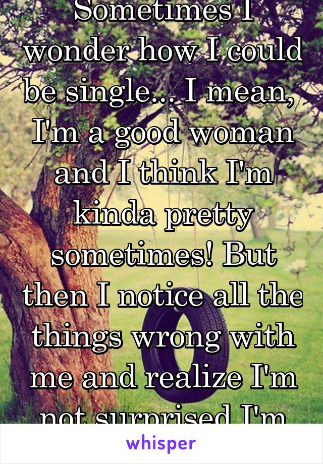 Sometimes I wonder how I could be single... I mean,  I'm a good woman and I think I'm kinda pretty sometimes! But then I notice all the things wrong with me and realize I'm not surprised I'm alone!