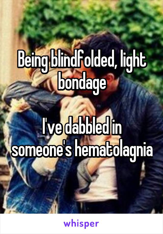 Being blindfolded, light bondage

I've dabbled in someone's hematolagnia 