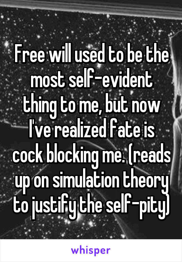 Free will used to be the most self-evident thing to me, but now I've realized fate is cock blocking me. (reads up on simulation theory to justify the self-pity)