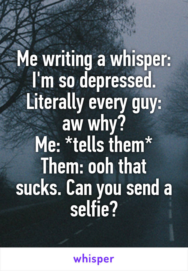 Me writing a whisper: I'm so depressed.
Literally every guy: aw why?
Me: *tells them*
Them: ooh that sucks. Can you send a selfie?