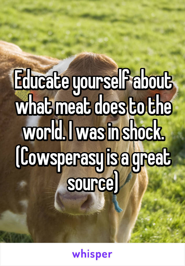 Educate yourself about what meat does to the world. I was in shock. (Cowsperasy is a great source)