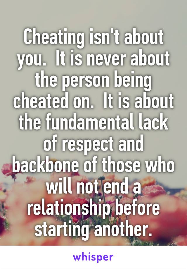 Cheating isn't about you.  It is never about the person being cheated on.  It is about the fundamental lack of respect and backbone of those who will not end a relationship before starting another.