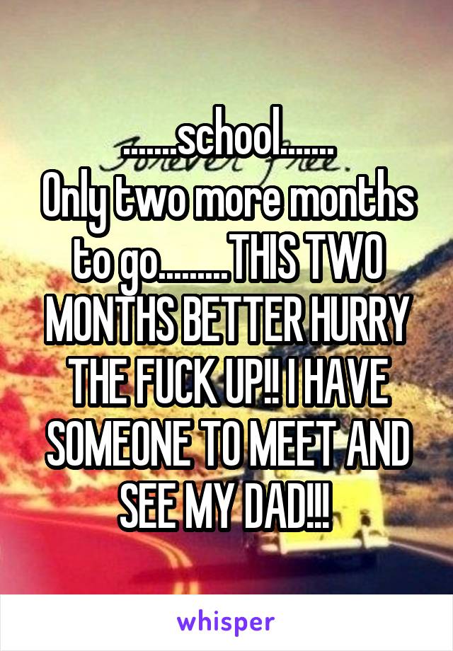 .......school.......
Only two more months to go.........THIS TWO MONTHS BETTER HURRY THE FUCK UP!! I HAVE SOMEONE TO MEET AND SEE MY DAD!!! 