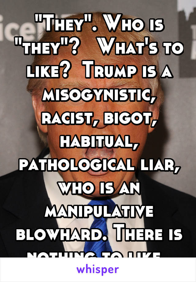 "They". Who is "they"?   What's to like?  Trump is a misogynistic, racist, bigot, habitual, pathological liar, who is an manipulative blowhard. There is nothing to like. 