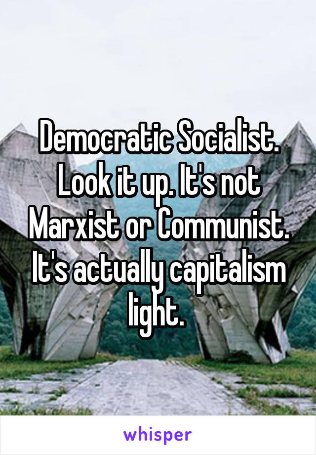 Democratic Socialist. Look it up. It's not Marxist or Communist. It's actually capitalism light. 