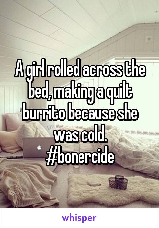 A girl rolled across the bed, making a quilt burrito because she was cold.
#bonercide