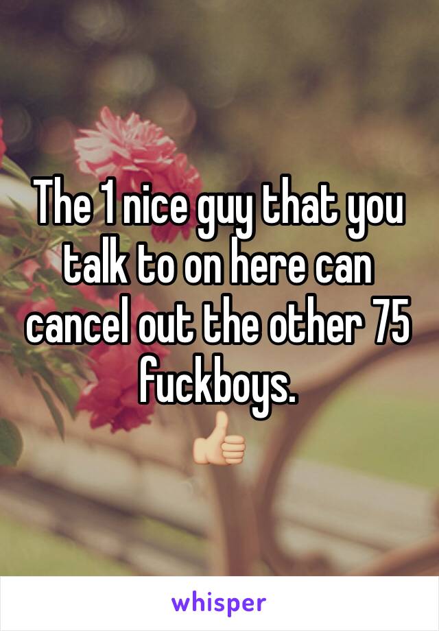 The 1 nice guy that you talk to on here can cancel out the other 75 fuckboys.
👍🏼