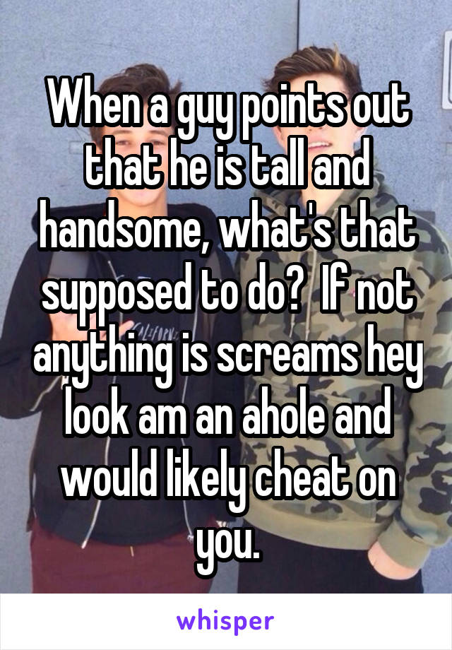 When a guy points out that he is tall and handsome, what's that supposed to do?  If not anything is screams hey look am an ahole and would likely cheat on you.