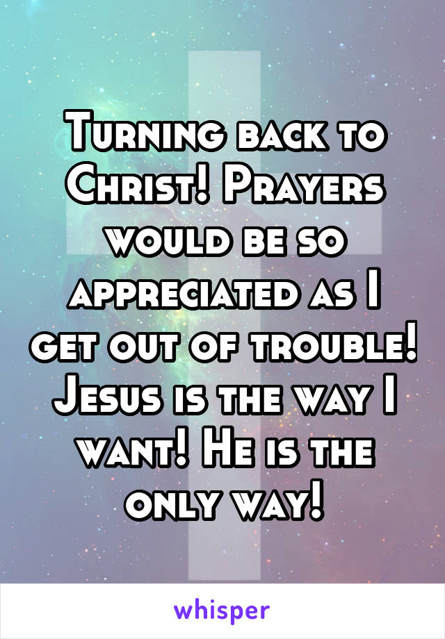 Turning back to Christ! Prayers would be so appreciated as I get out of trouble! Jesus is the way I want! He is the only way!