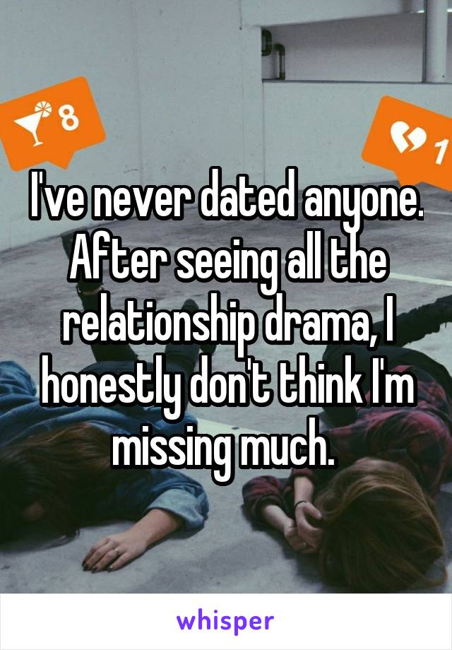 I've never dated anyone. After seeing all the relationship drama, I honestly don't think I'm missing much. 