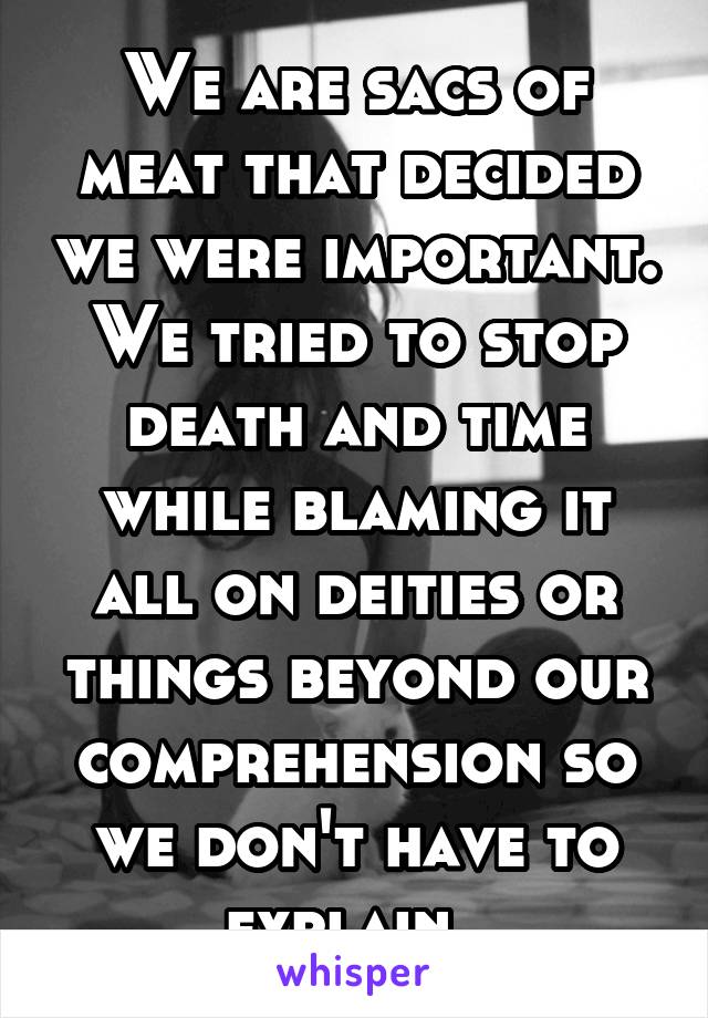 We are sacs of meat that decided we were important. We tried to stop death and time while blaming it all on deities or things beyond our comprehension so we don't have to explain. 