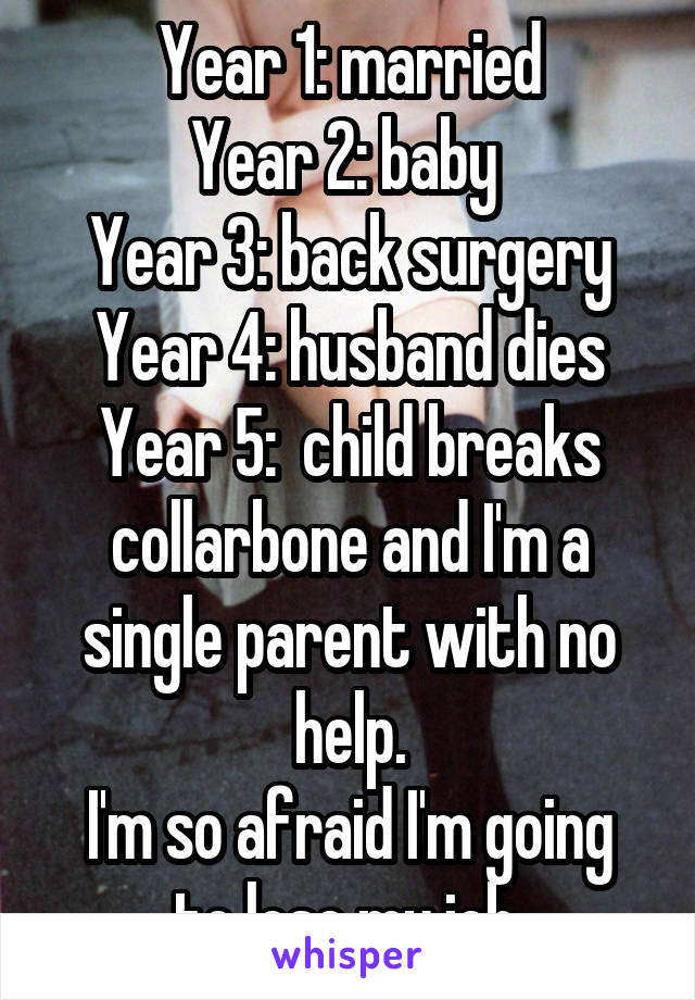 Year 1: married
Year 2: baby 
Year 3: back surgery
Year 4: husband dies
Year 5:  child breaks collarbone and I'm a single parent with no help.
I'm so afraid I'm going to lose my job.