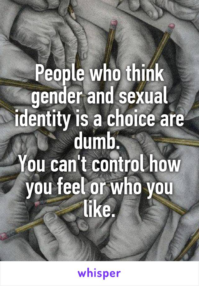 People who think gender and sexual identity is a choice are dumb. 
You can't control how you feel or who you like.