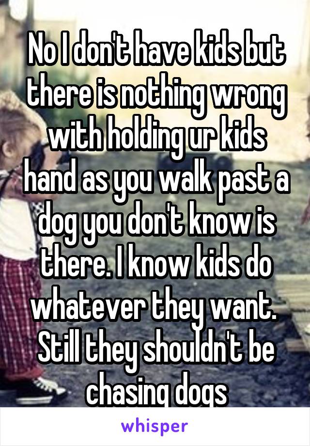 No I don't have kids but there is nothing wrong with holding ur kids hand as you walk past a dog you don't know is there. I know kids do whatever they want. 
Still they shouldn't be chasing dogs