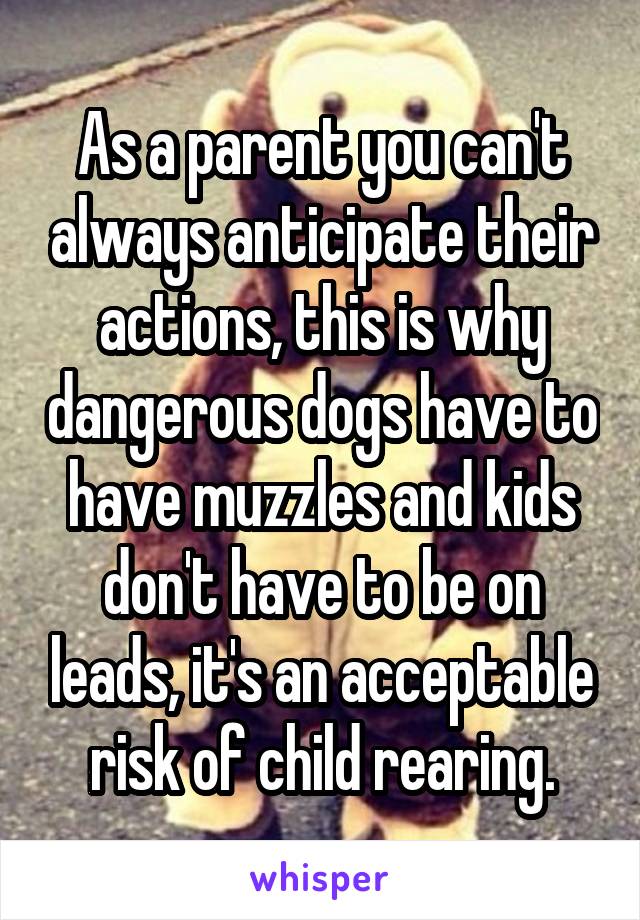 As a parent you can't always anticipate their actions, this is why dangerous dogs have to have muzzles and kids don't have to be on leads, it's an acceptable risk of child rearing.