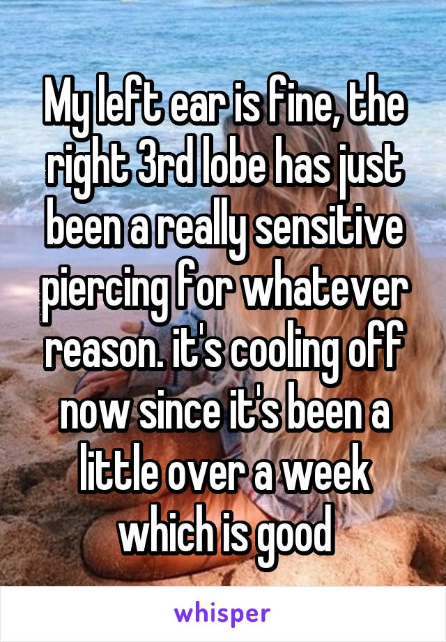 My left ear is fine, the right 3rd lobe has just been a really sensitive piercing for whatever reason. it's cooling off now since it's been a little over a week which is good