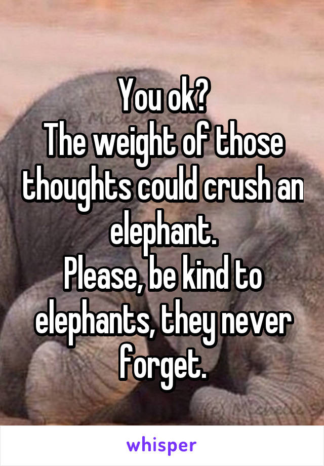 You ok?
The weight of those thoughts could crush an elephant.
Please, be kind to elephants, they never forget.