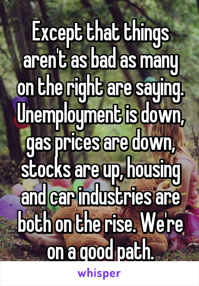 Except that things aren't as bad as many on the right are saying. Unemployment is down, gas prices are down, stocks are up, housing and car industries are both on the rise. We're on a good path.