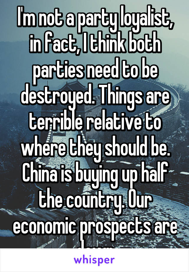 I'm not a party loyalist, in fact, I think both parties need to be destroyed. Things are terrible relative to where they should be. China is buying up half the country. Our economic prospects are down