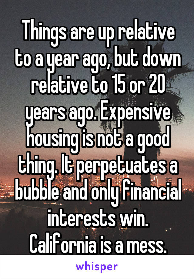 Things are up relative to a year ago, but down relative to 15 or 20 years ago. Expensive housing is not a good thing. It perpetuates a bubble and only financial interests win. California is a mess.