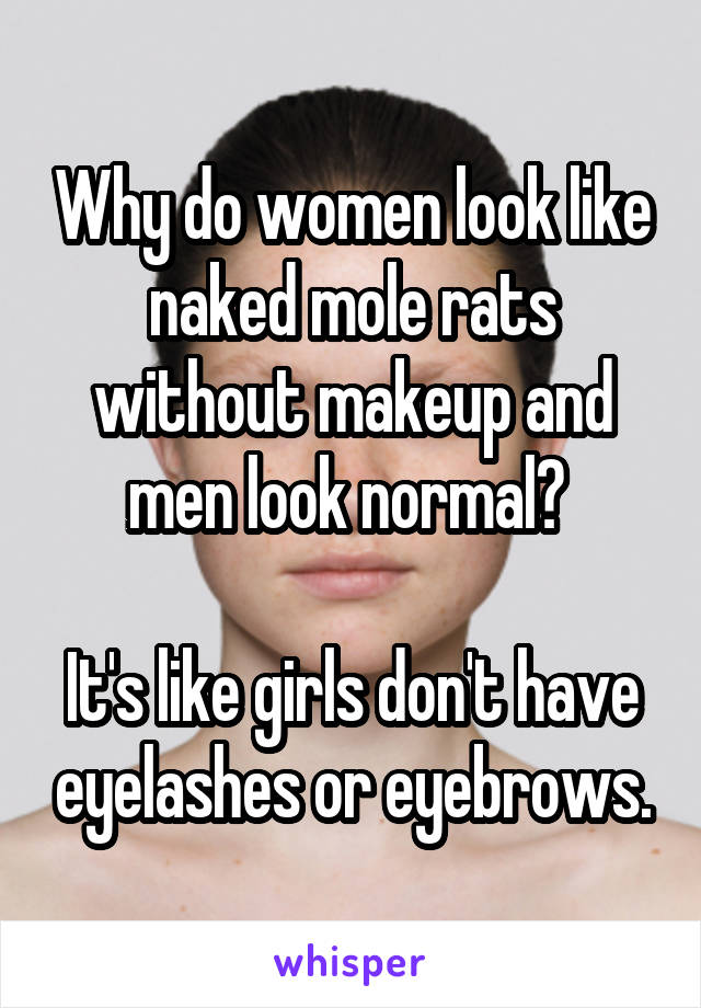 Why do women look like naked mole rats without makeup and men look normal? 

It's like girls don't have eyelashes or eyebrows.