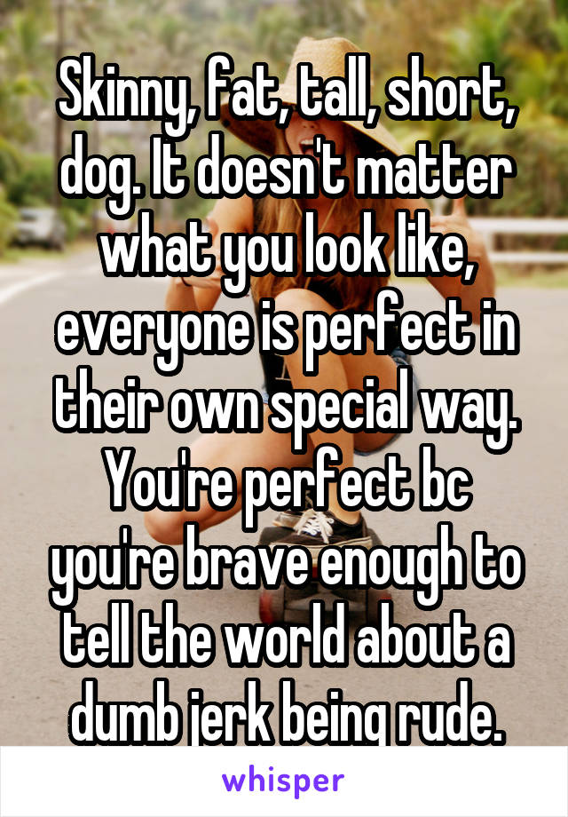 Skinny, fat, tall, short, dog. It doesn't matter what you look like, everyone is perfect in their own special way. You're perfect bc you're brave enough to tell the world about a dumb jerk being rude.