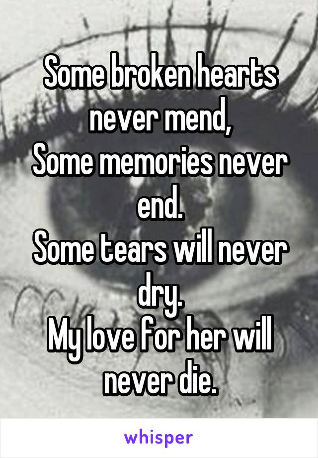 Some broken hearts never mend,
Some memories never end.
Some tears will never dry.
My love for her will never die.