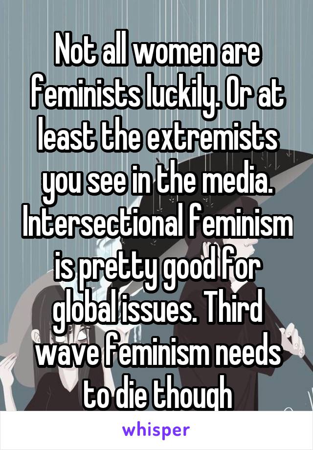 Not all women are feminists luckily. Or at least the extremists you see in the media. Intersectional feminism is pretty good for global issues. Third wave feminism needs to die though