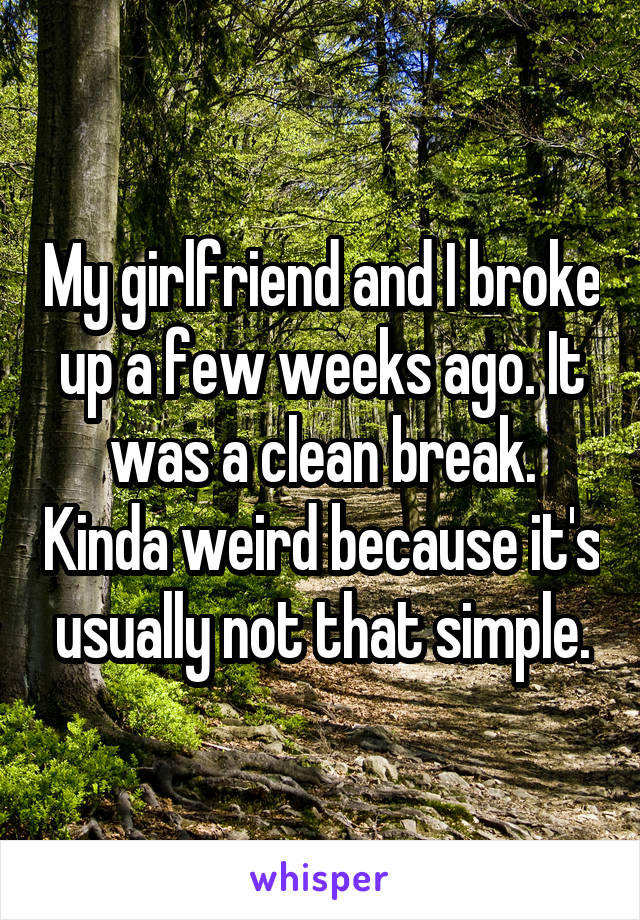 My girlfriend and I broke up a few weeks ago. It was a clean break. Kinda weird because it's usually not that simple.