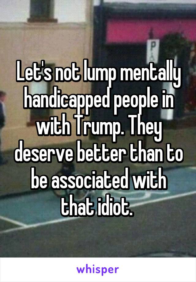 Let's not lump mentally handicapped people in with Trump. They deserve better than to be associated with that idiot. 