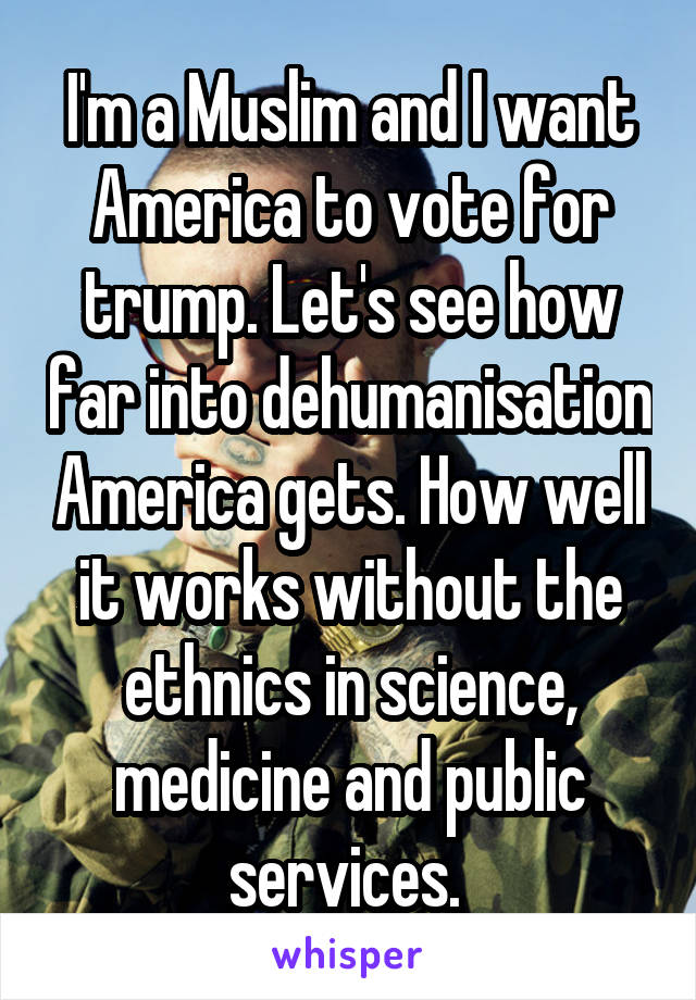 I'm a Muslim and I want America to vote for trump. Let's see how far into dehumanisation America gets. How well it works without the ethnics in science, medicine and public services. 