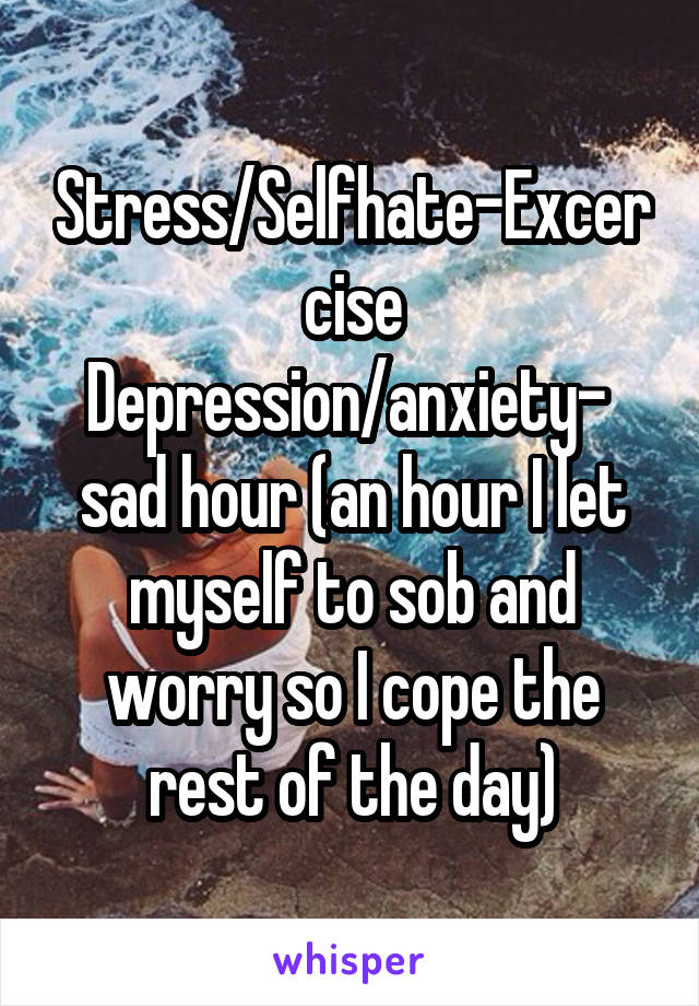 Stress/Selfhate-Excercise
Depression/anxiety- 
sad hour (an hour I let myself to sob and worry so I cope the rest of the day)