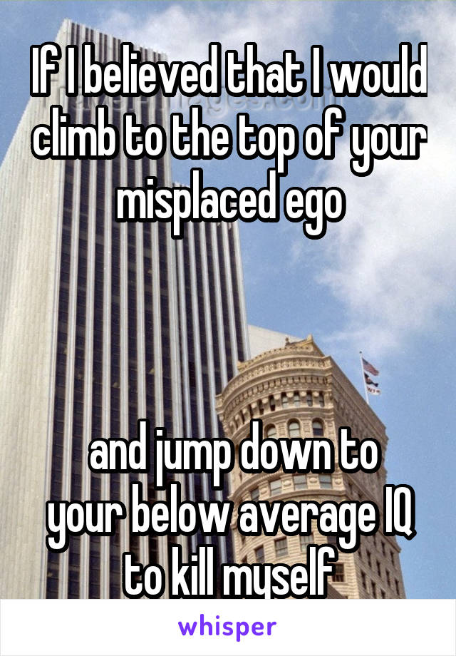 If I believed that I would climb to the top of your misplaced ego



 and jump down to your below average IQ to kill myself