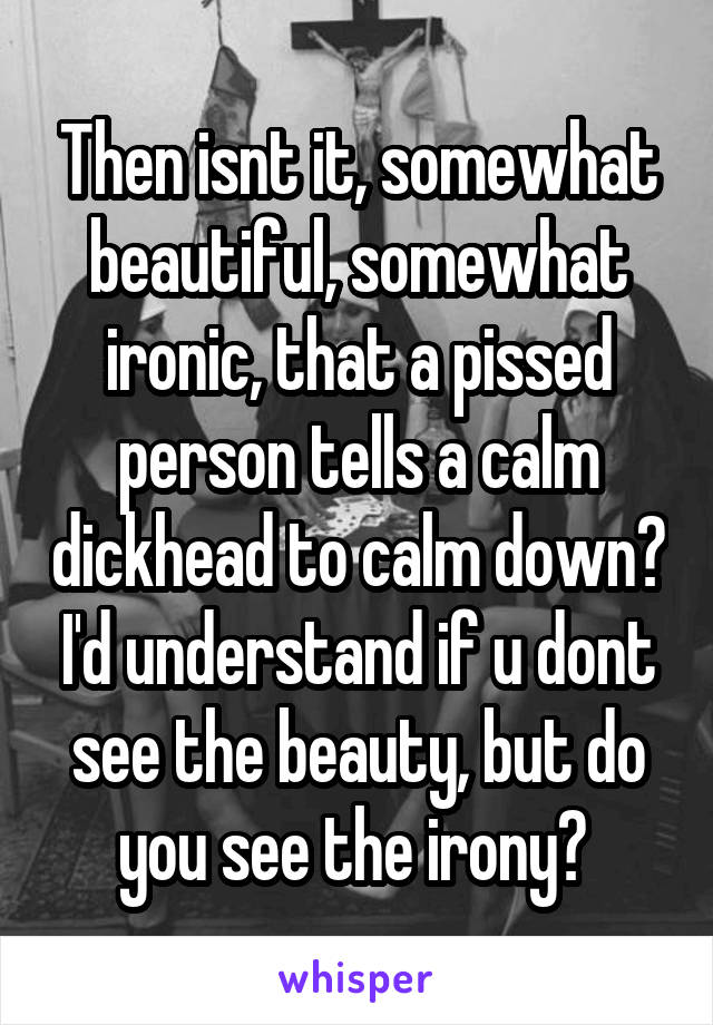 Then isnt it, somewhat beautiful, somewhat ironic, that a pissed person tells a calm dickhead to calm down? I'd understand if u dont see the beauty, but do you see the irony? 